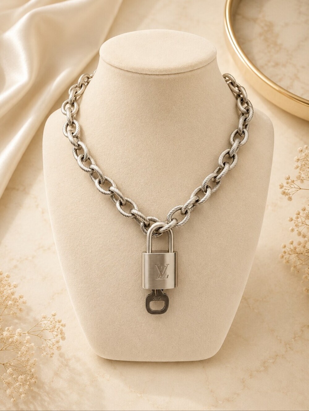 Authentic Louis Vuitton Silver Padlock 🔐+Unbranded Stainless Steel Silver Chain